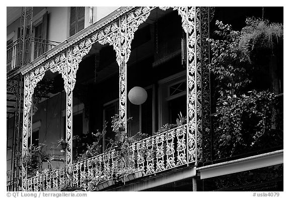 Wrought-iron laced balconies, French Quarter. New Orleans, Louisiana, USA