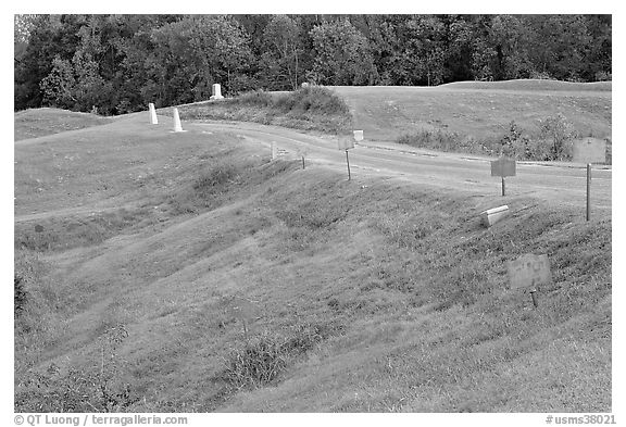 Blue (union) lines markers during civil war pivotal battle, Vicksburg National Military Park. Vicksburg, Mississippi, USA (black and white)