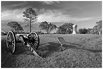 Cannon, union position marker, and monument, Vicksburg National Military Park. Vicksburg, Mississippi, USA (black and white)