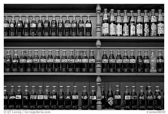 Collectino of Coca Cola bottles. Vicksburg, Mississippi, USA (black and white)