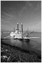 Riverboat, Mississippi River, and bridge, morning. Natchez, Mississippi, USA ( black and white)