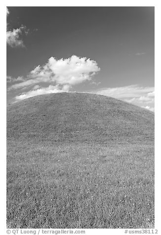 Emerald Mound, one of the largest Indian temple mounds. Natchez Trace Parkway, Mississippi, USA (black and white)