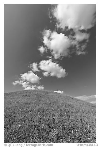 Rounded hill and clouds,  Emerald Mound. Natchez Trace Parkway, Mississippi, USA (black and white)