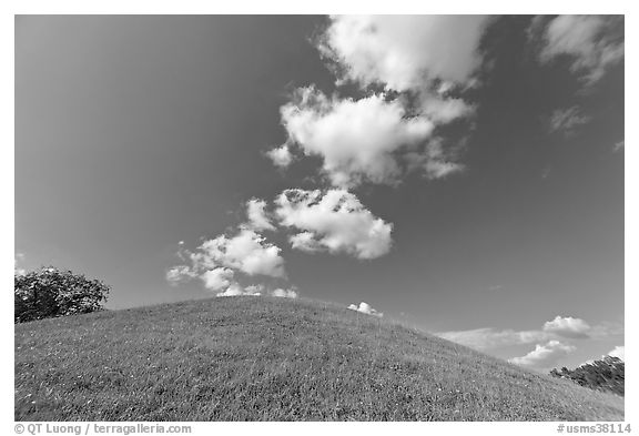 Mound and clouds. Natchez Trace Parkway, Mississippi, USA (black and white)