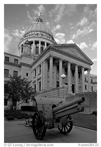 Cannon and Mississippi Capitol at sunset. Jackson, Mississippi, USA