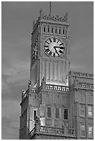 Art Deco clock tower at dusk. Jackson, Mississippi, USA (black and white)