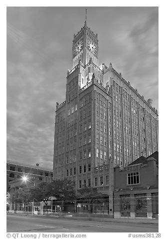 Art Deco building with clock tower at dusk. Jackson, Mississippi, USA