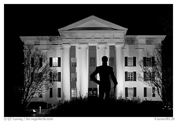 Statue of Andrew Jackson silhouetted against the City Hall at night. Jackson, Mississippi, USA