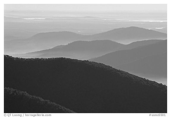 Ridges in haze, Blue Ridge Parkway. Virginia, USA (black and white)