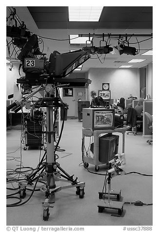 Television news studio. Columbia, South Carolina, USA (black and white)