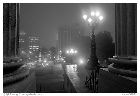 Streets on foggy night seen from state capitol. Columbia, South Carolina, USA