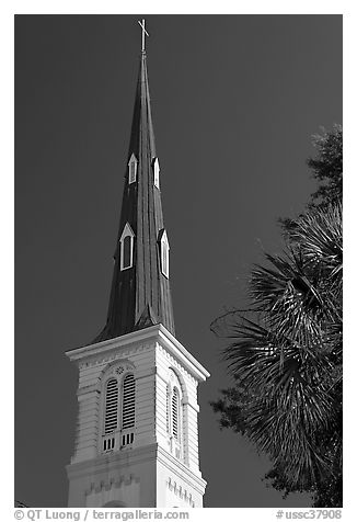 Tall church steeple. Charleston, South Carolina, USA (black and white)