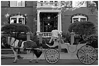 Horse carriage in front of historic mansion. Charleston, South Carolina, USA (black and white)