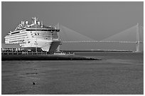 Cruise ship and suspension bridge of Cooper River. Charleston, South Carolina, USA ( black and white)