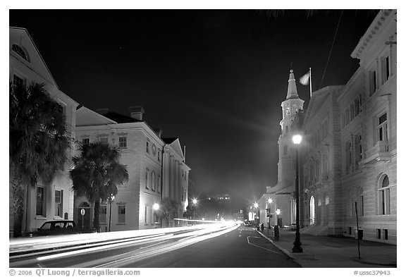 Four Corners of Law (church, courthouses, city hall) at night. Charleston, South Carolina, USA