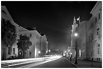 Four Corners of Law (church, courthouses, city hall) at night. Charleston, South Carolina, USA (black and white)