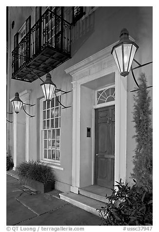 House facade with gas lamps. Charleston, South Carolina, USA