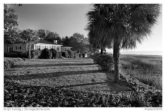 House with yard by the bay. Beaufort, South Carolina, USA (black and white)