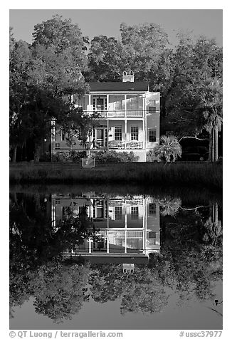 House reflected in pond. Beaufort, South Carolina, USA (black and white)