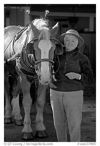 Woman and carriage horse. Beaufort, South Carolina, USA (black and white)