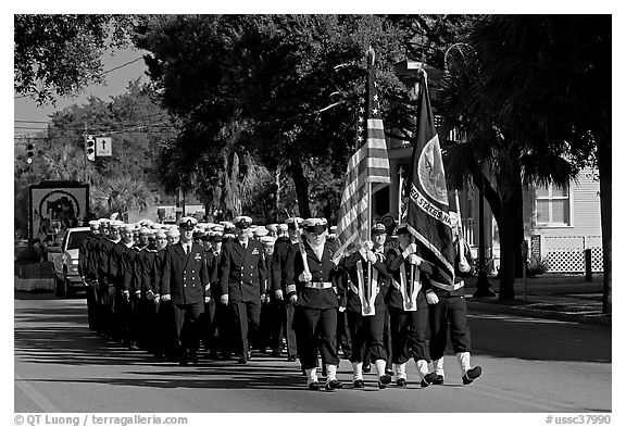 US Navy marching during parade. Beaufort, South Carolina, USA (black and white)
