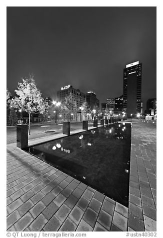 Refecting basin and skyline by night. Nashville, Tennessee, USA (black and white)