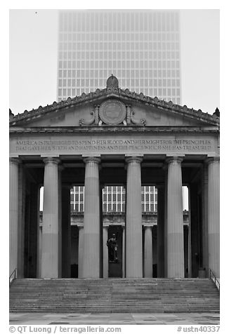 War memorial and high rise tower in fog. Nashville, Tennessee, USA (black and white)