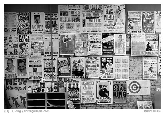 Posters on display, Hatch Show print. Nashville, Tennessee, USA (black and white)