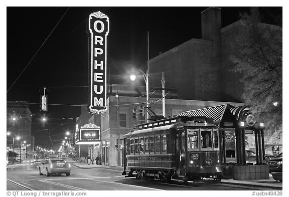 Street by night with trolley and Orpheum theater. Memphis, Tennessee, USA