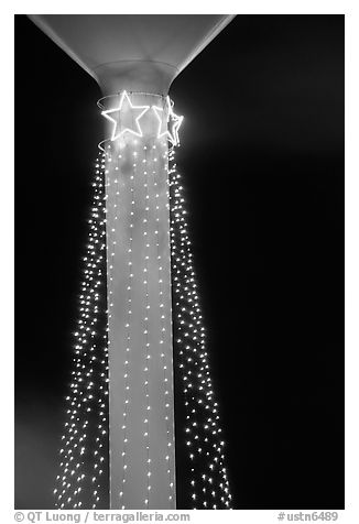 Christmas decorations on a water tower. Tennessee, USA (black and white)