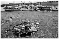 Riverfront, anchoring ring and riverboats. Memphis, Tennessee, USA (black and white)