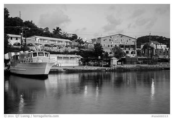 National Park Service harbor at dusk, Cruz Bay. Saint John, US Virgin Islands (black and white)