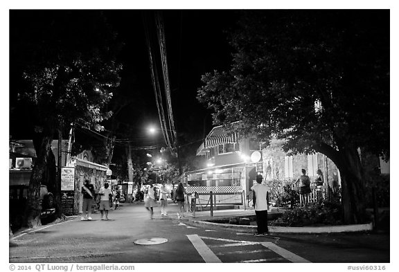 Street at night, Cruz Bay. Saint John, US Virgin Islands (black and white)