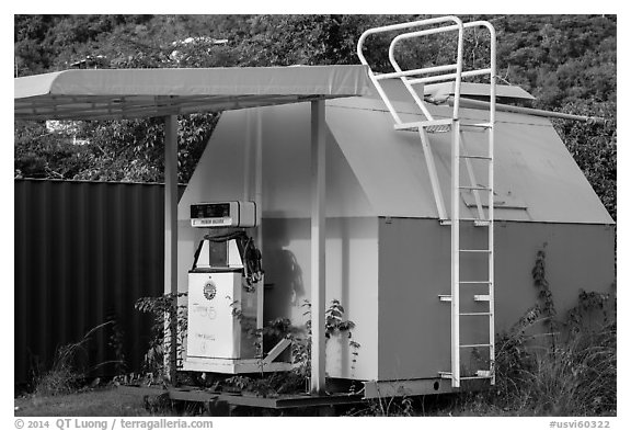 Gas pump, Coral Bay. Saint John, US Virgin Islands (black and white)