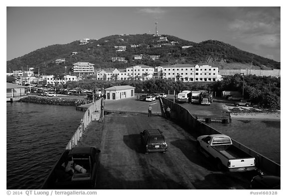 Car barge arriving at Red Hook harbor. Saint Thomas, US Virgin Islands (black and white)