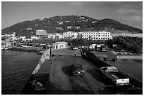 Car barge arriving at Red Hook harbor. Saint Thomas, US Virgin Islands ( black and white)