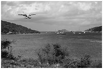 Floatplane approaching Charlotte Amalie harbor. Saint Thomas, US Virgin Islands ( black and white)