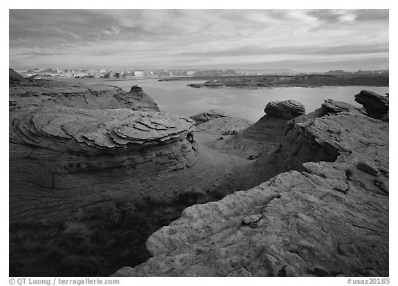 Sandstone swirls and Lake Powell. USA (black and white)