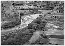 Farm on the valley floor of Canyon de Chelly. Canyon de Chelly  National Monument, Arizona, USA (black and white)