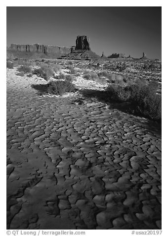 Clay pattern on floor and buttes in winter. Monument Valley Tribal Park, Navajo Nation, Arizona and Utah, USA