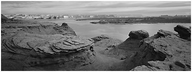 Lake Powell scenery with swirls in foreground, Glen Canyon National Recreation Area, Arizona. USA (Panoramic black and white)