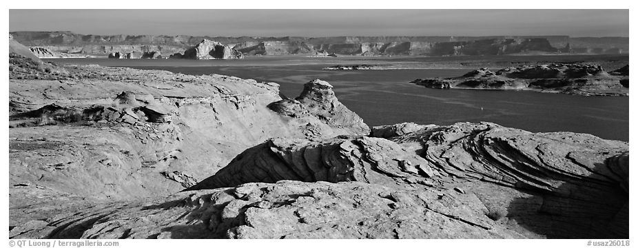 Lake Powell view with sandstone swirls, Glen Canyon National Recreation Area, Arizona. USA (black and white)