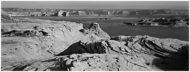 Lake Powell view with sandstone swirls. Arizona, USA (Panoramic black and white)