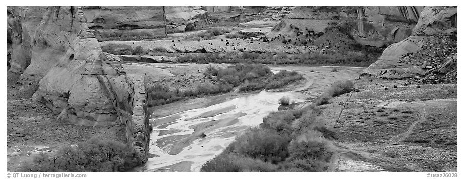 Canyon landscape with cultivated fields. Canyon de Chelly  National Monument, Arizona, USA (black and white)