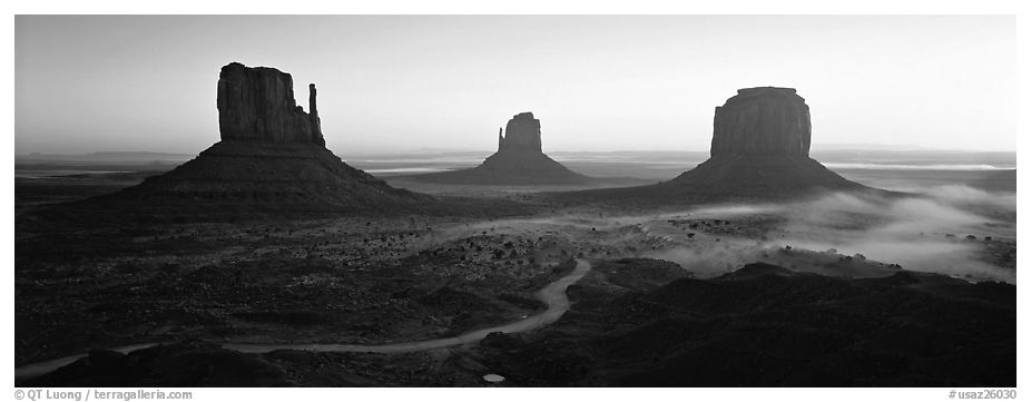 Monument Valley landscape at sunrise. Monument Valley Tribal Park, Navajo Nation, Arizona and Utah, USA (black and white)