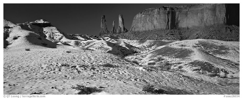 Monument Valley landscape with snow. Monument Valley Tribal Park, Navajo Nation, Arizona and Utah, USA (black and white)