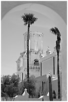 Arch and North Court, San Xavier del Bac Mission (the White Dove of the Desert). Tucson, Arizona, USA ( black and white)