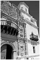Facade and tower, San Xavier del Bac Mission. Tucson, Arizona, USA (black and white)