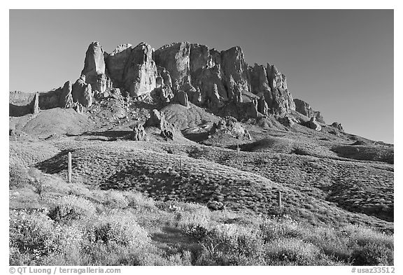 Superstition Mountains in spring, Lost Dutchman State Park, late afternoon. Arizona, USA (black and white)