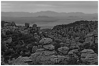 Spires at dusk from from Massai Point. Chiricahua National Monument, Arizona, USA ( black and white)